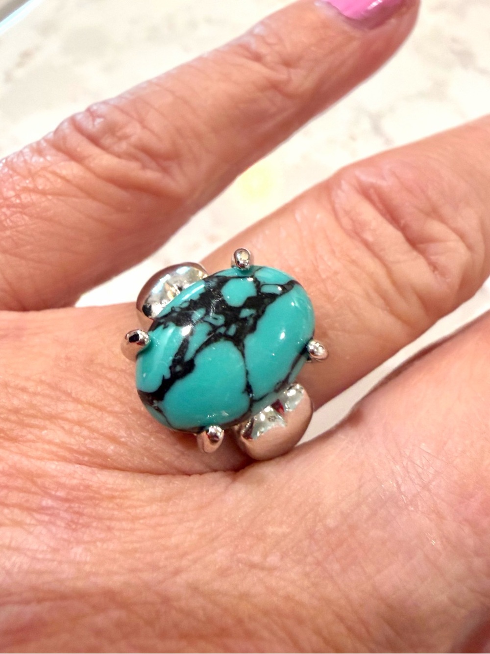 Faux Turquoise Matrix Leaf Cocktail Ring - Size 6.5